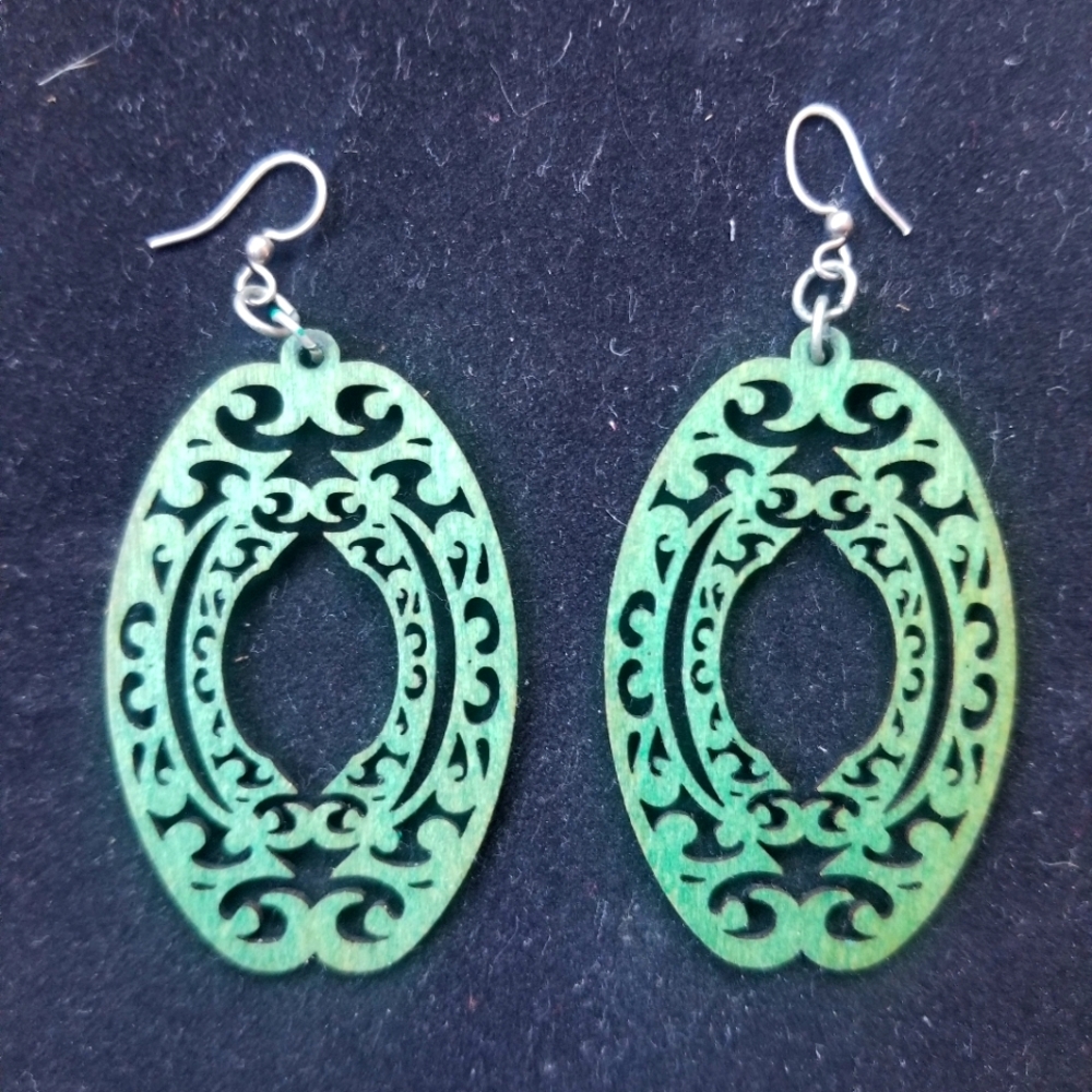 Intricate Green wood Oval Earrings